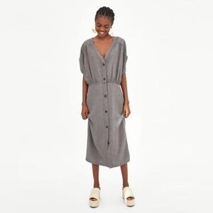 Zara Linen Blend Button Front Midi Dress Gray V-Neck TRF Trafaluc Size S